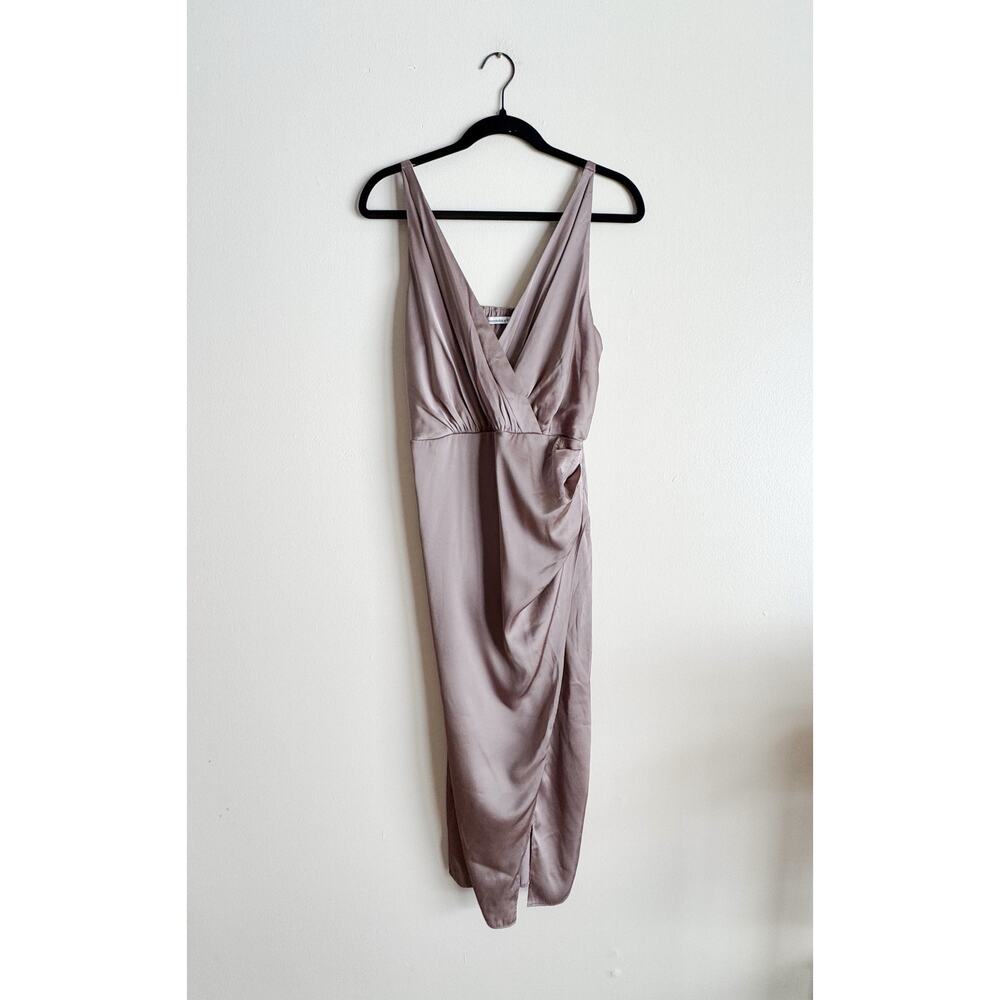 Abercrombie & Fitch Light Brown Satin Draped Faux Wrap Midi Dress Medium Event
